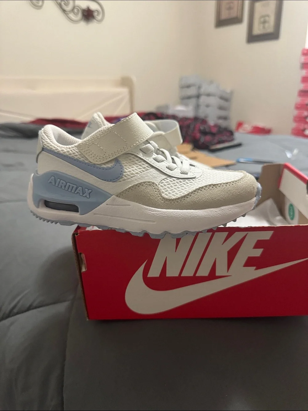 Nike Air Max System Kids White and Light Blue Velcro Athletic Sneakers